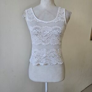 Vtg y2K Sz L White Ivory Lace Tank Top Sleeveless Sheer Layering Basic Feminine
